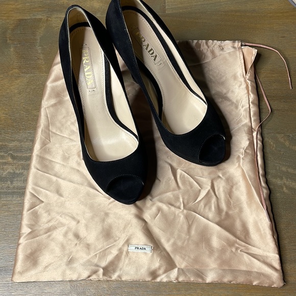 PRADA Black Suede Open Peep Toe Platform High Heel Pumps - Picture 6 of 16